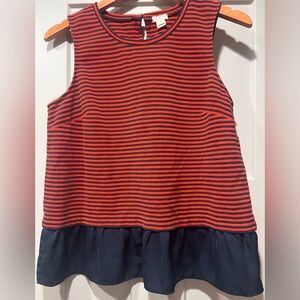 J. Crew Navy and Red Striped Top Stretch Cotton Tank Top Shirt Peplum Hem M